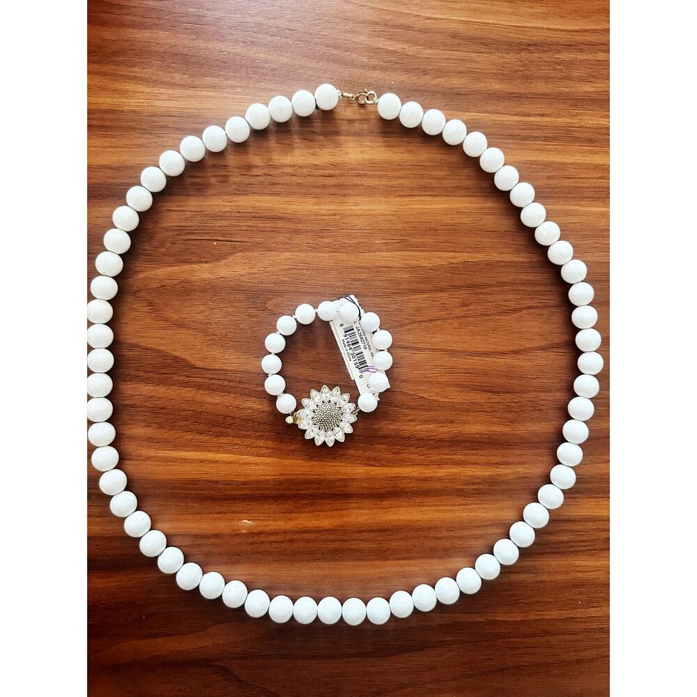 Fossil New White Bead and CZ Bracelet and Necklace Set
